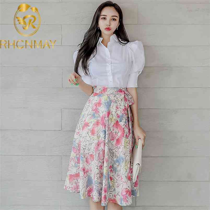 Summer White Puff Sleeve Shirt Button Tops + Print Floral Bow Skirt Suit Beach Vacation Casual 2 Piece Set for Women 210506