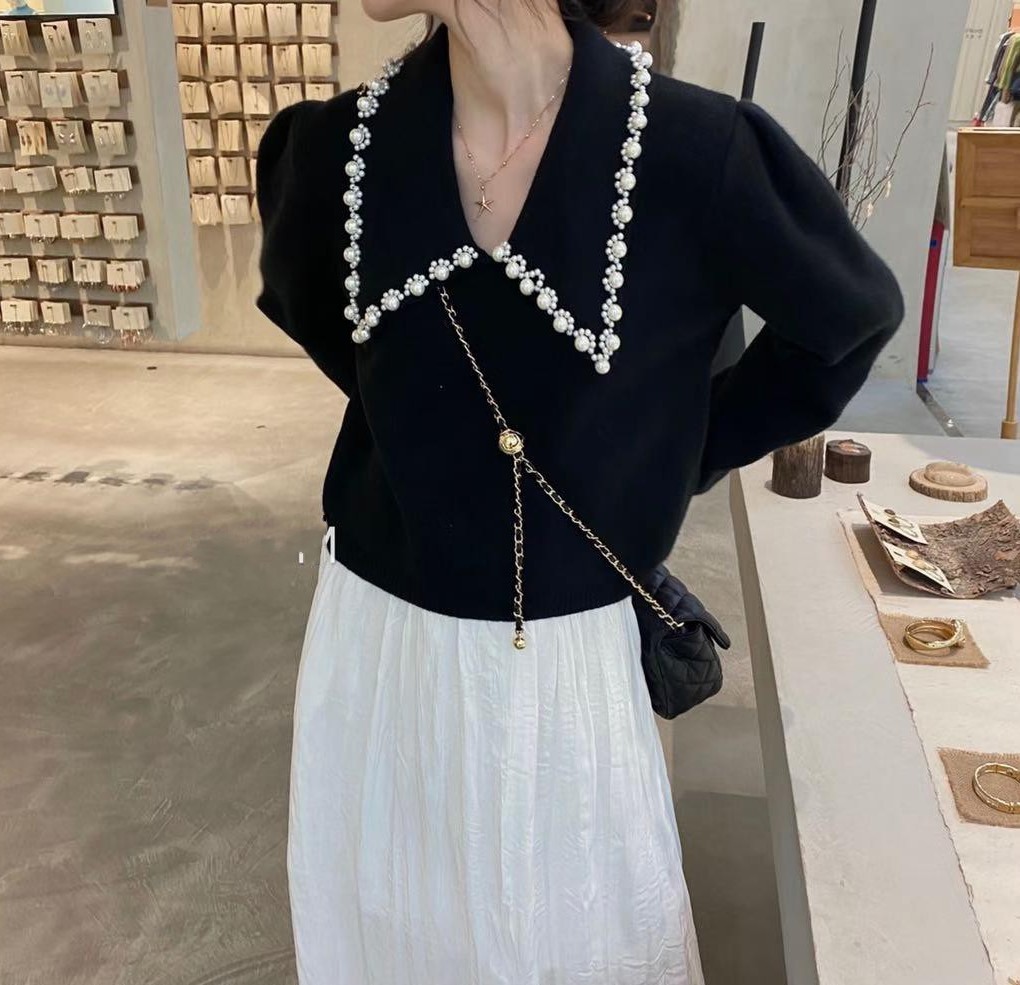 Vintage Sweater Women Sweet Peter Pan Collar Beading Office Lady Korean Fashion Elegant Casual Long Sleeve Chic Knitted Sweaters 210519