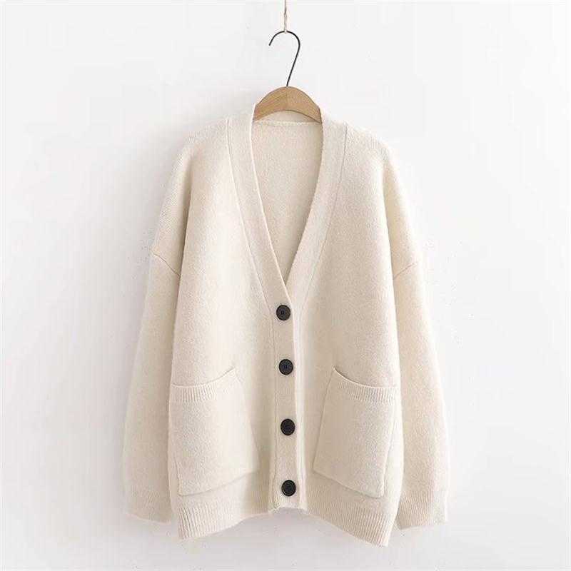 H.SA Women Winter Sweater Cardigans Lantern Sleeve V neck Button Big Pocket Knit Jacket Loose Coat Casual sueter feminino 210716