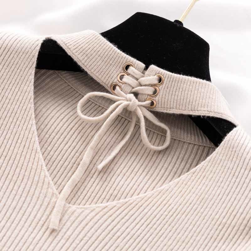 Stripes Knitted Jumper Women Solid Casual Sweaters Winter V-shaped Hollow Elegant Lace Up O-neck Pull Femme 11801 210508