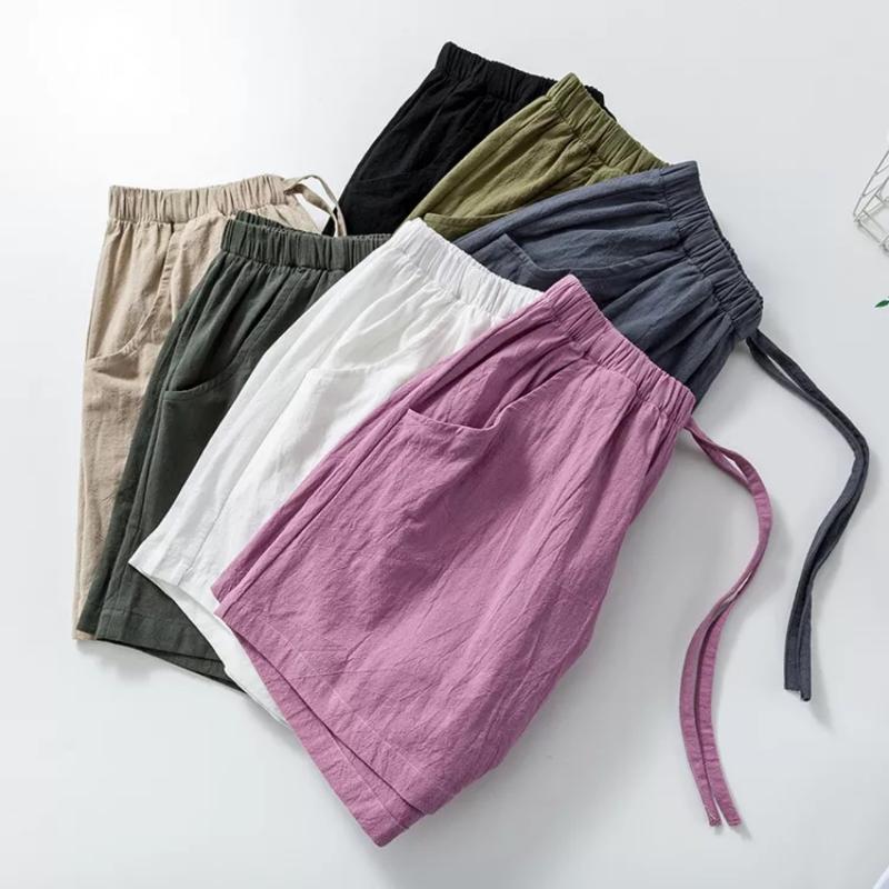 Women Summer Wide Leg Shorts Female Loose Cotton Solid Bow Candy Color Casual Elastic Waist Student Bottom Women's