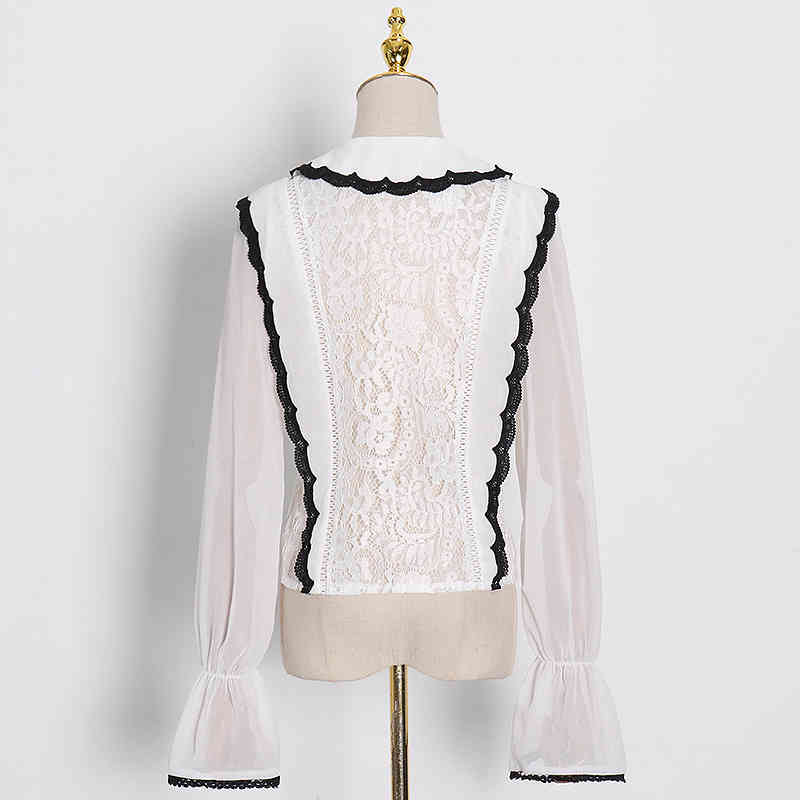 TWOTWINSTYLE White Patchwork Lace Blouse For Women V Neck Flare Sleeve Bowknot Elegant Shirt Female Fashion Clothing Autumn 210517