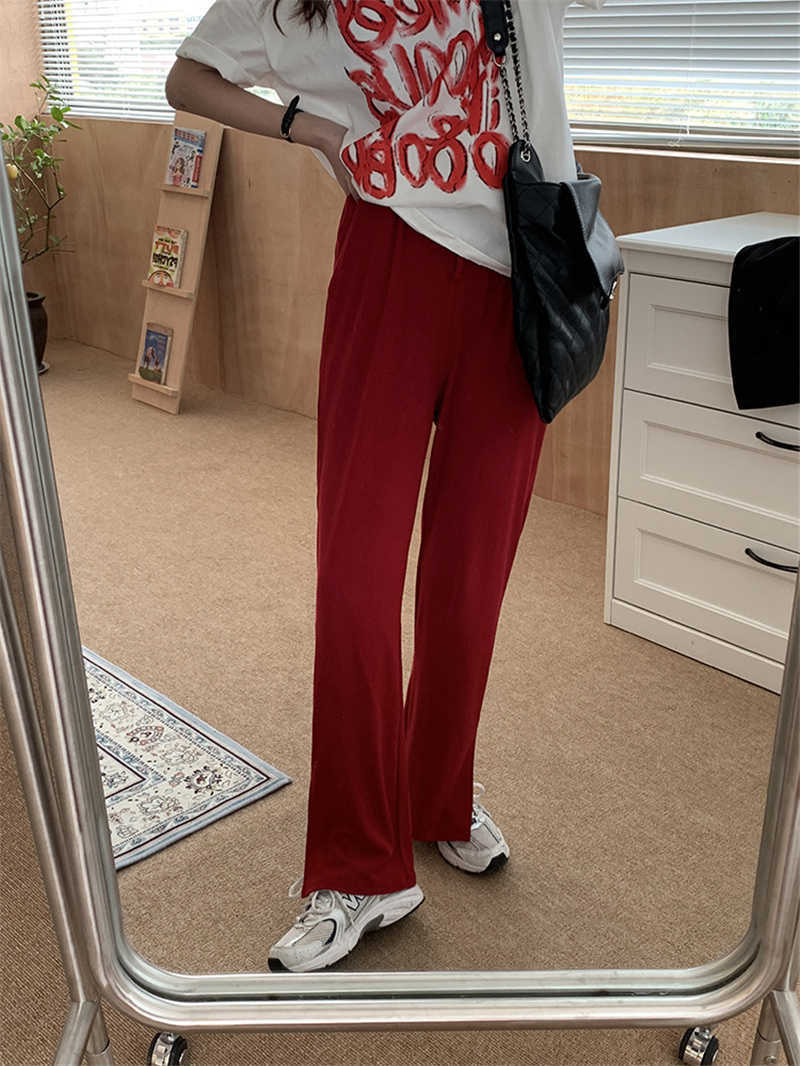 Qooth Drape Split Wide Leg Pant's Straight Loose Casual Trousers Spring Autumn All Match High Waist Solid QT691 210609
