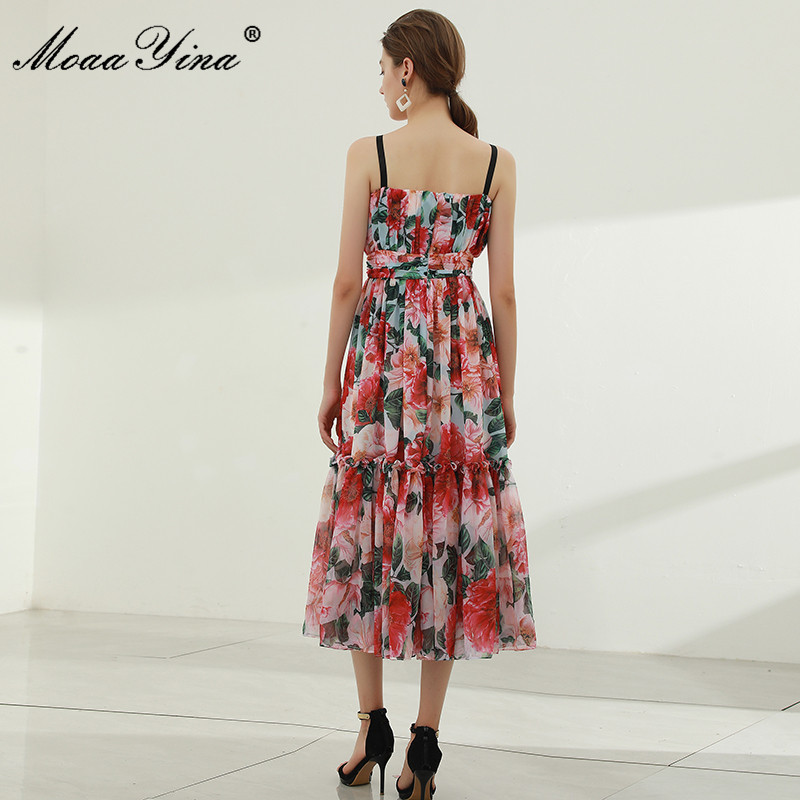 Women's Summer Sexy Spaghetti Strap Dress High waist Floral print Vacation Bohemian Ladies Chiffon Midi 210524