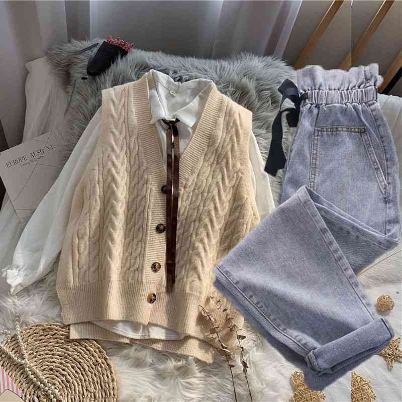 Women's Two Piece Pants Autumn suits of three women's parts waistcoat loose vest student bow tie waistband high waist jeans girl suit JRLS, 1# shoe box
Women's Two Piece Pants Autumn suits of three women's parts waistcoat loose vest student bow tie waistband high waist jeans girl suit JRLS, 1# shoe box