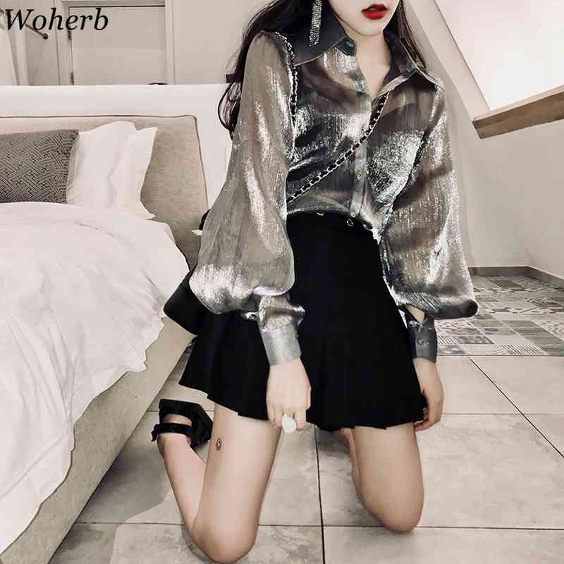 Long Lantern Sleeve Shirt Women Elegant Sexy See Through Blouse Korean Chic All-match Tops Vintage Blusas Mujer 210519