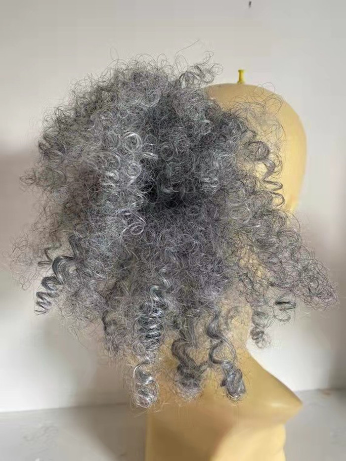 Elegant soft human hair silver /pearl grey mix frizzy afro scrunchine hairpiece ponytail extension drawstring clip in gray kinky curly bun updo 140g