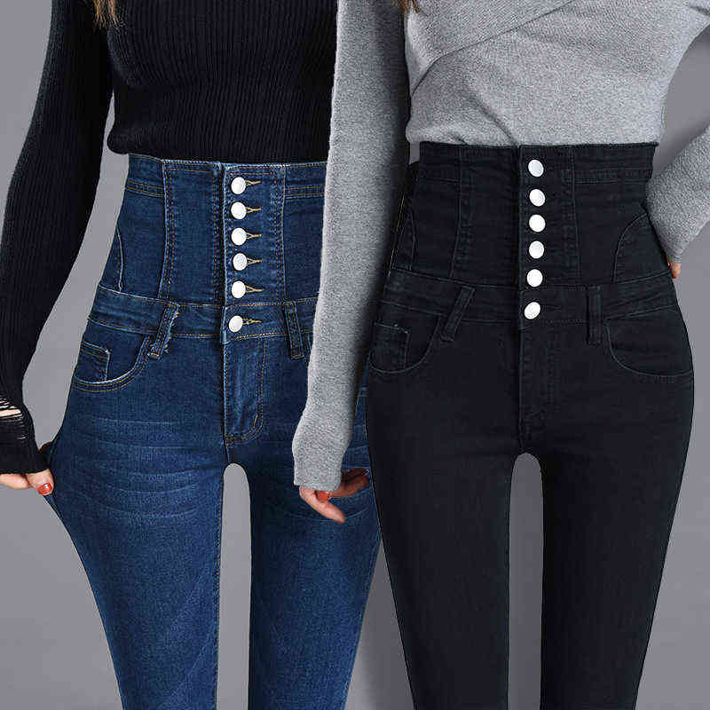 High Waist bow tie abdomen Bottom Jeans Women Buttons Skinny Femme Trousers Slim Streetwear Pencil Denim Pants 211129