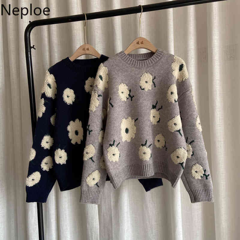 Neploe Embroidery Pullovers O-neck Long Sleeve Thicked Sweaters for Women Winter Clothes Chic Warm Jumper Sueter Mujer 4H121 210422