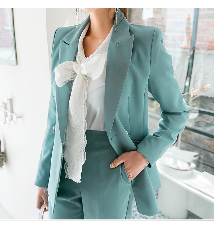Office OL Women Suits Autumn Winter Double-breasted Notched Work Coat + Fashion Bell-Bottoms Pants Set Formal 2 Pcs 210519