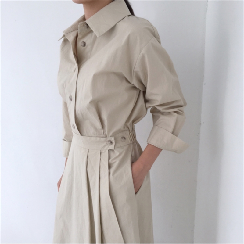 Autumn Long Sleeve Korea Chic Pleated Dresses Turn-Down Collar Single-Breasted Casual Ladies Shirt Vestidos 210520