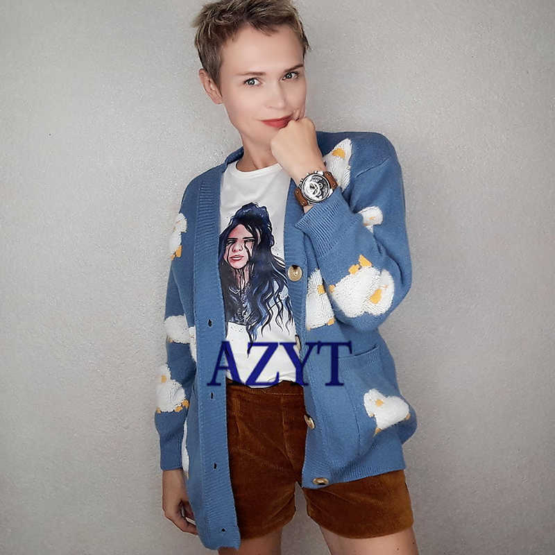 Autumn Knit Female Cardigan Loose Streetwear Sweater Coat Cute Cartoon Print V Neck knitted cardigan Women Jacket 211018