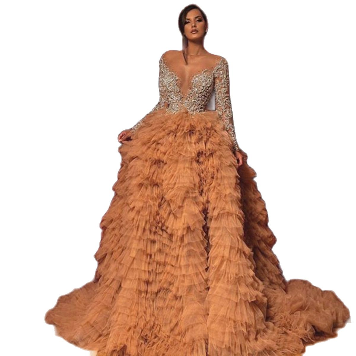 Luxury Champagne Tulle Evening Dress Full Sleeves Sexy Sparkle Crystal Beaded Lace A-line Party Gowns