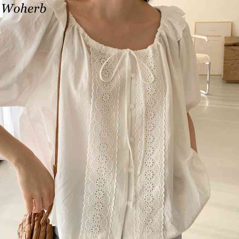 U-neck Shirts Women Short Puff Sleeve Lace Bandage Elegant Blouses Girls Sweet Ruffle White Blouse Korean Cute Summer Top 210519