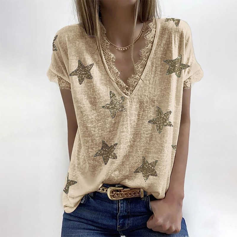 Lace Patchwork Deep V Neck Short Sleeve T Shirt Women Stars Printing Casual Loose Plus Size Streetwear Tops Tee Shirts 210603