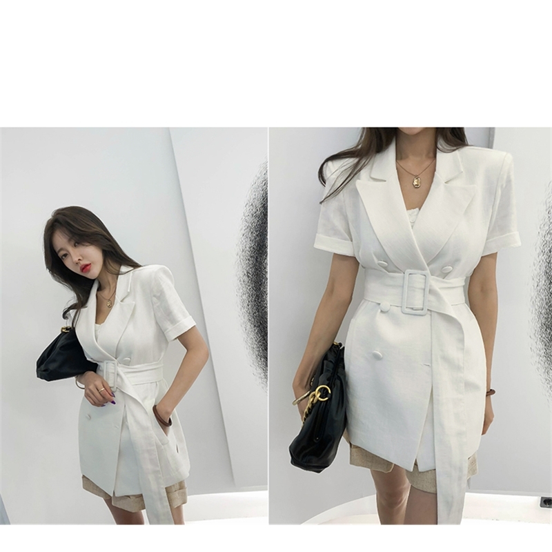 Elegant Cotton Linen Work Blazer Women Summer Short Sleeve Belted Female Suit Jacket Fashion Clothing 210519