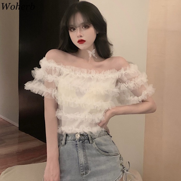 Sexy Off Shoulder Crop Top Women Summer Streetwear Lace Chiffon Ruffle Cake Blouse Korean Chic Elegant Blusas 210519