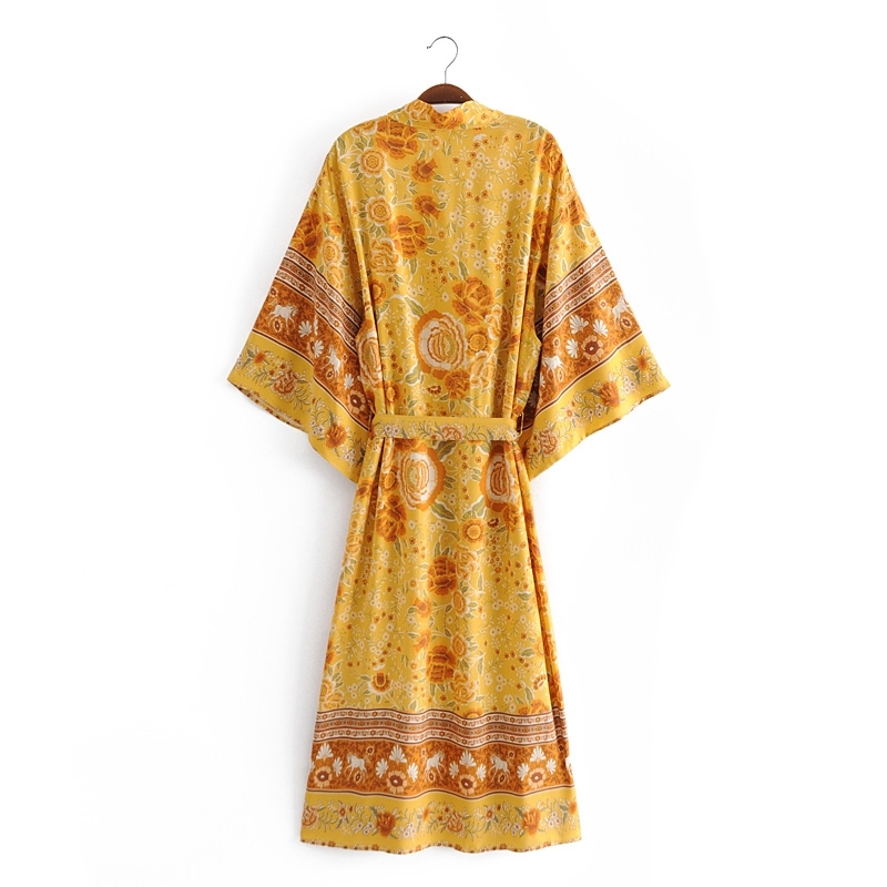 Bohemia V neck Gold Flower Print Maxi Long Kimono Cardigan Ethnic Women Lacing up Bow Sashes Shirt BOHO Loose Blouse Tops 210429