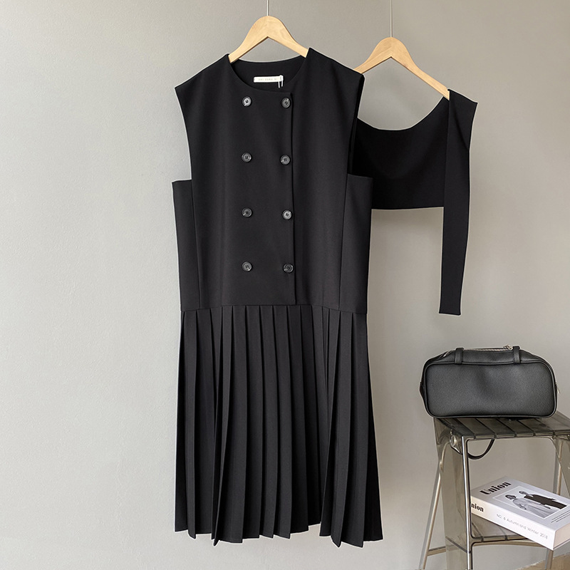 MATAKAWA Korea Black Pleated Woman Dress Sleeveless Vest Robe Women Loose Stitching Mid-length Vestidos + Shawl 210513