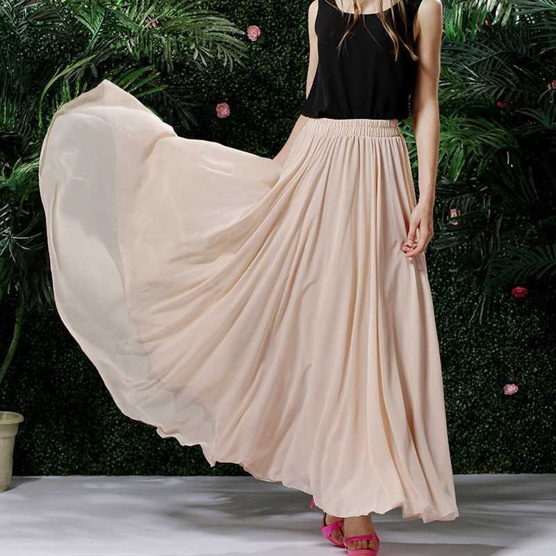 3 Layer Chiffon Long Skirts For Women Elegant Casual High Waist Boho Style Beach Maxi Saias 80/90/100cm Spring SK273 210619