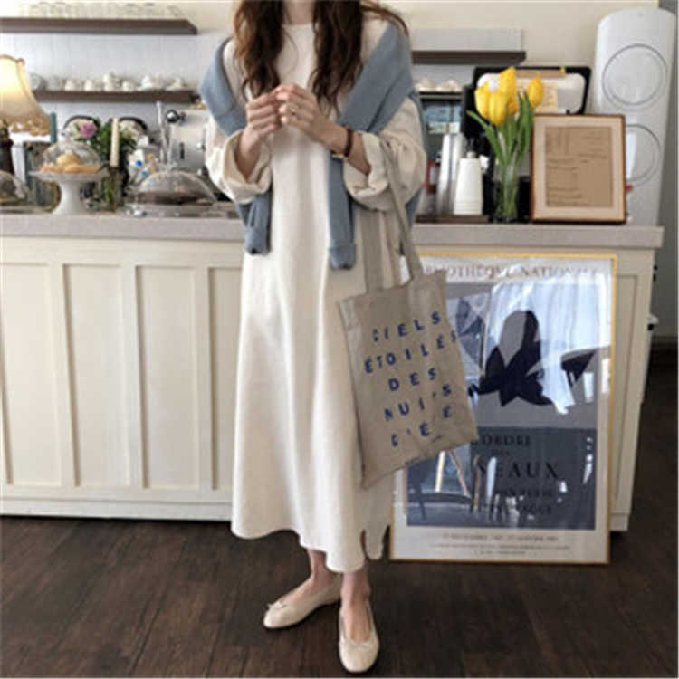 Autumn Pullover Bottoming Solid O Neck Full Casual Lace Up Loose Long Cotton and Linen Dress for Women 210615Z