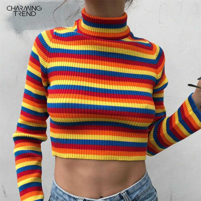 Women Rainbow Sweaters Pullover Winter Spring Slim basis Short Ladies Clothes Retro Stripes Femlae Knit Elasticity Tops 210702