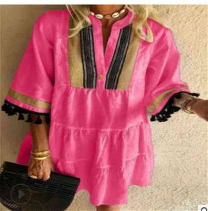 Fashion Tassel Sleeve Women Dress V Neck Lady Patchwork Dress Loose Casual Empire Knee Length Tassel Sleeve Dress 210331Z