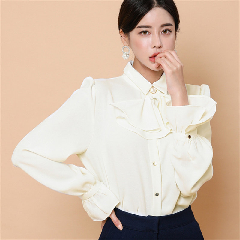 Fashion Apricot Women Formal Plus Size Blouse Elegance Flare Sleeved Bow OL Shirt Solid Office Lady Basic Tops 210421