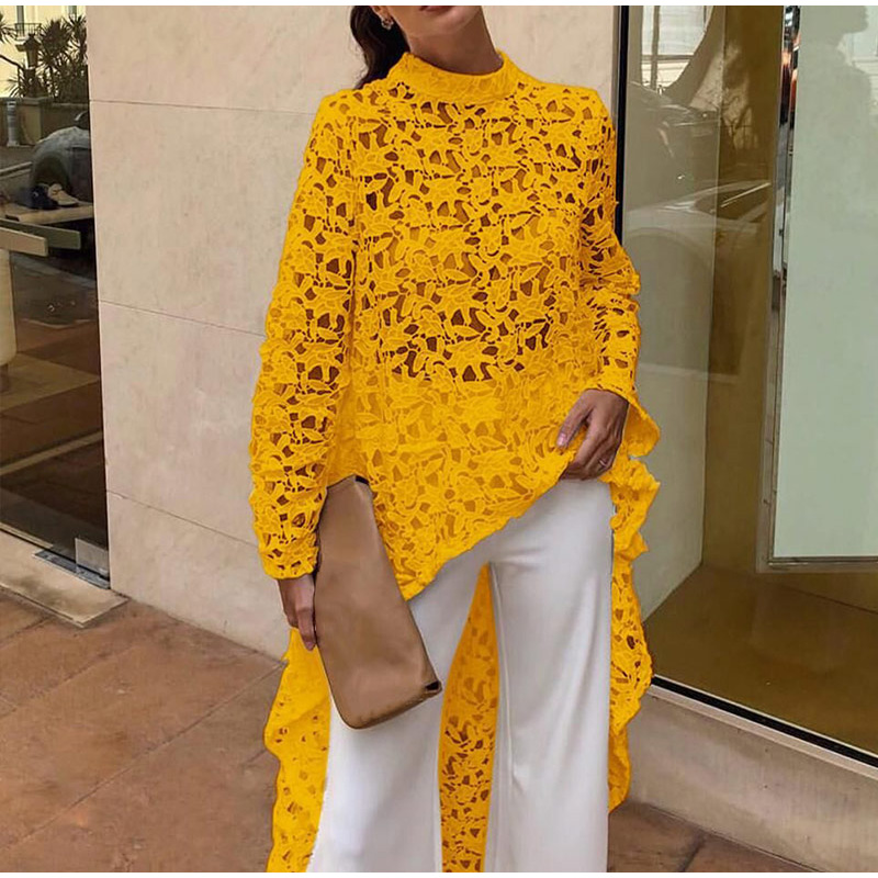 Women Lace Hollow Out Shirts Long Sleeve Irregular Stand Collar Female Loose Blouses 2021 Summer Lady Elegant Solid Beach Tops, White
Women Lace Hollow Out Shirts Long Sleeve Irregular Stand Collar Female Loose Blouses 2021 Summer Lady Elegant Solid Beach Tops, White