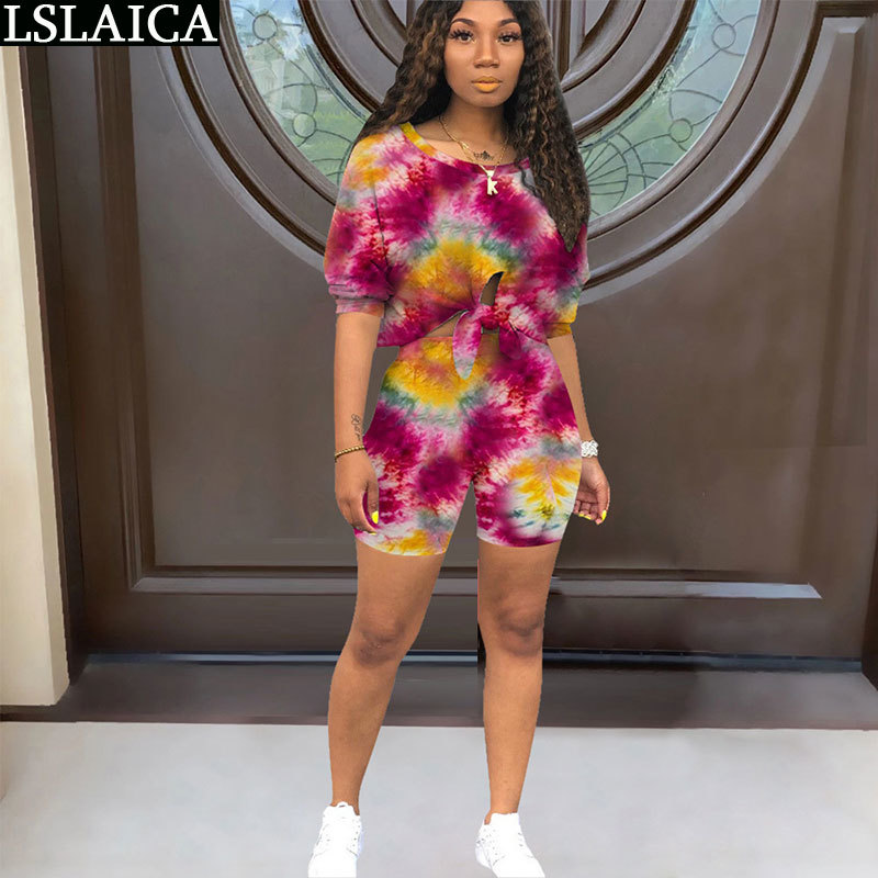 Two Piece Outfits Round Neck Top Short Pant Tie Dye Set Causal Criss-Cross Plus Size Homewear Tracksuit Ensemble Femme 2 Pieces 210520