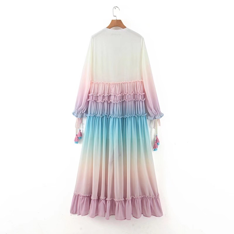 BOHO Gradient Rainbow Color Single-breasted Button Long Dress Sexy Women Holiday Wood ear Tassel Sleeve Ruffles Dresses 210429