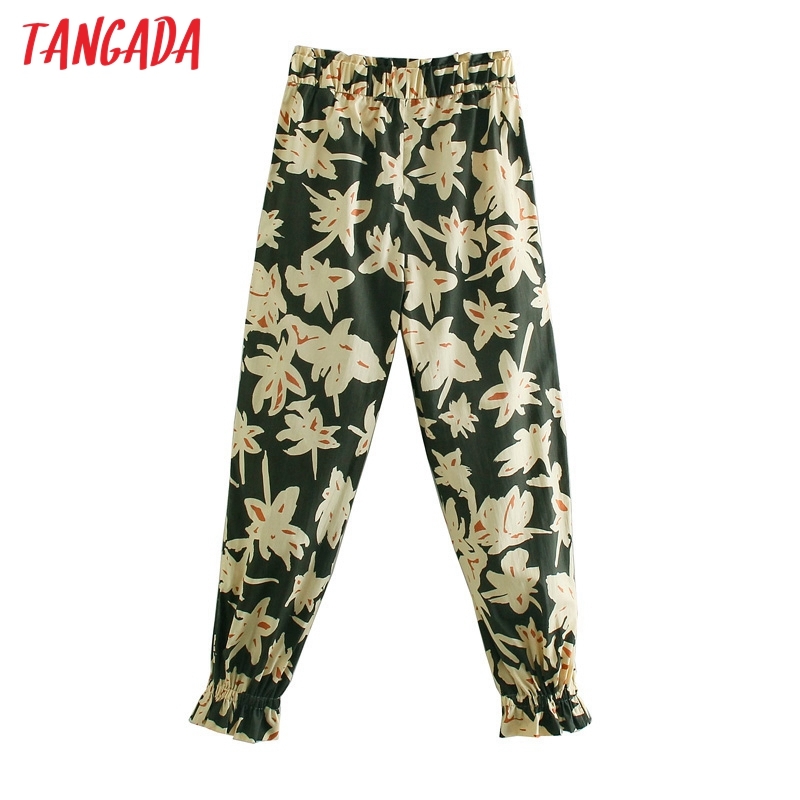 Women Green Floral Print Long Trousers Vintage Style Strethy Waist Lady Pants Pantalon 5Z76 210416
