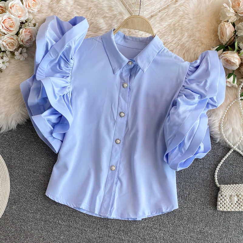 Sweet Ruffle Puff Sleeve Womens Top Summer Turn-down Collar Blouse Shirt Korean Fashion Blusas De Mujer 6J424 210603