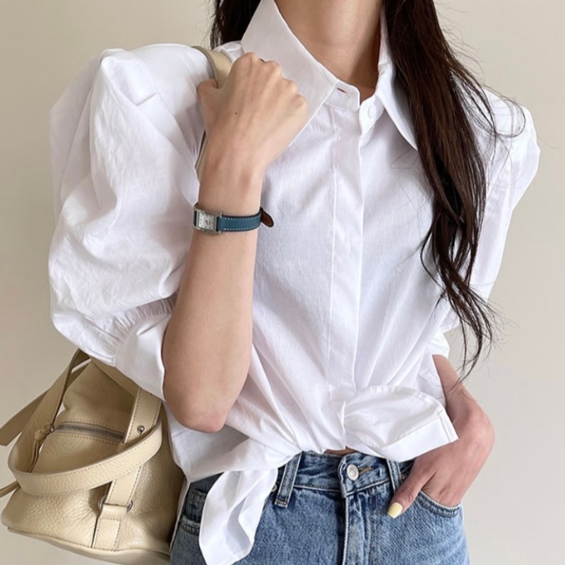 Nomikuma Korean Elegant Turn-down Collar Women Tops Fashion Puff Sleeve Blouse Shirt Summer Solid Blusas Feminimos 6H519 210427