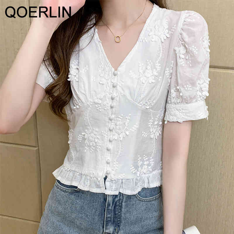 QOERLIN Pearl Button White Shirt Girl Plus Size Summer Retro Short Vneck Puff Sleeve Lace Shirt Women Embroidered Tops 210412