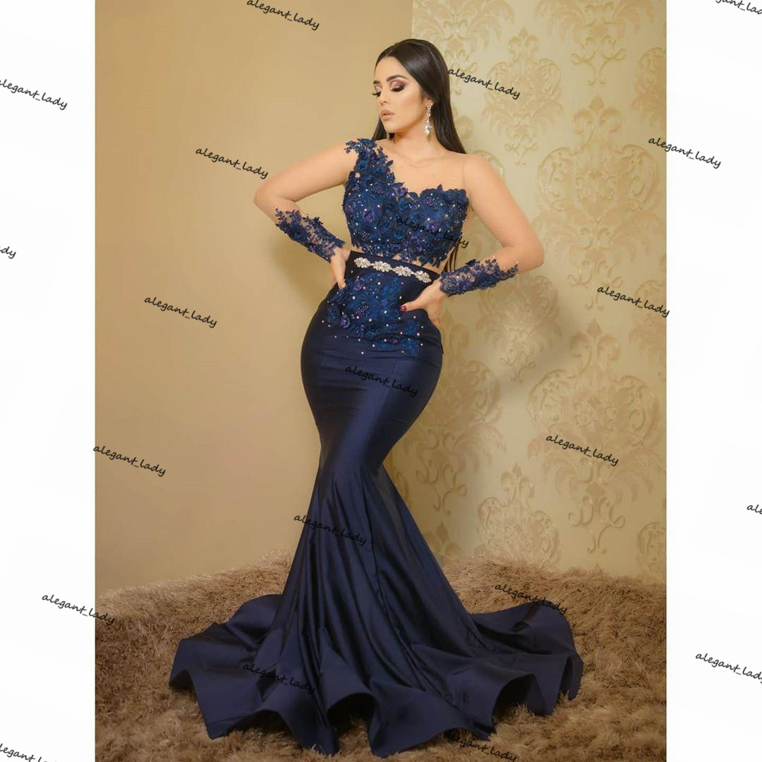 Aso Ebi 2021 Arabic Navy Blue Mermaid Evening Dresses Lace Beaded Prom Dress Sheer Neck long sleeve Formal Party Second Reception Gowns