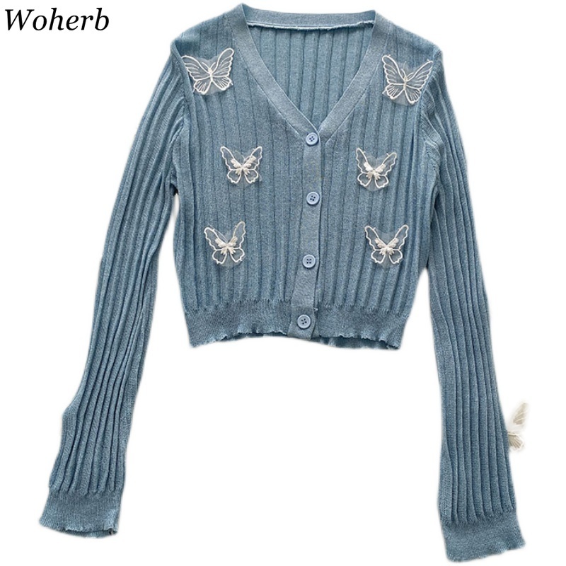 Knitted Thin Sweater Women Korean 3D Butterfly V Neck Long Sleeve Cardigan Coat Sun Protection Slim Cropped Tops 4j307 210519