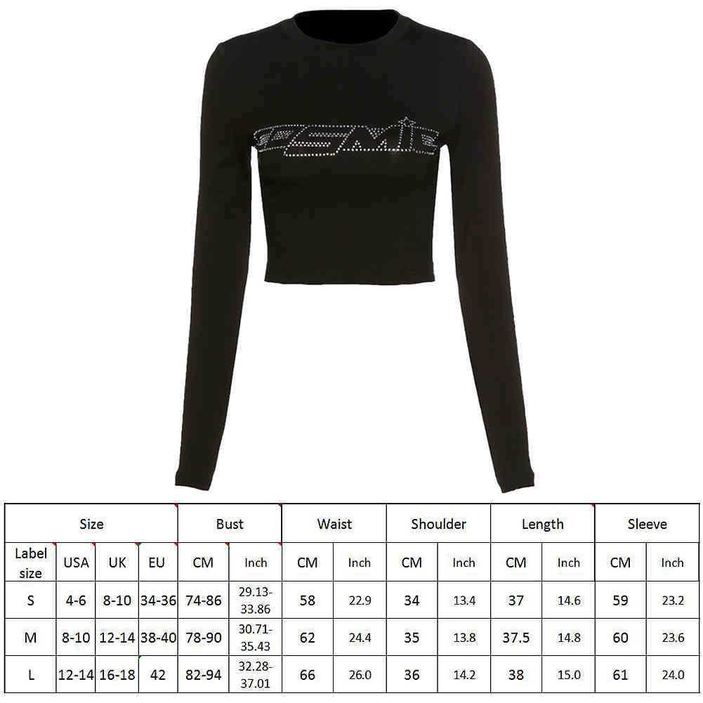 E-girl Rhinestone Letter Printed Tshirt Woman Street Bodycon Slim Y2k Crop Tops Female Soft Long Sleeve Basic 90s Aesthetic Tees 210406