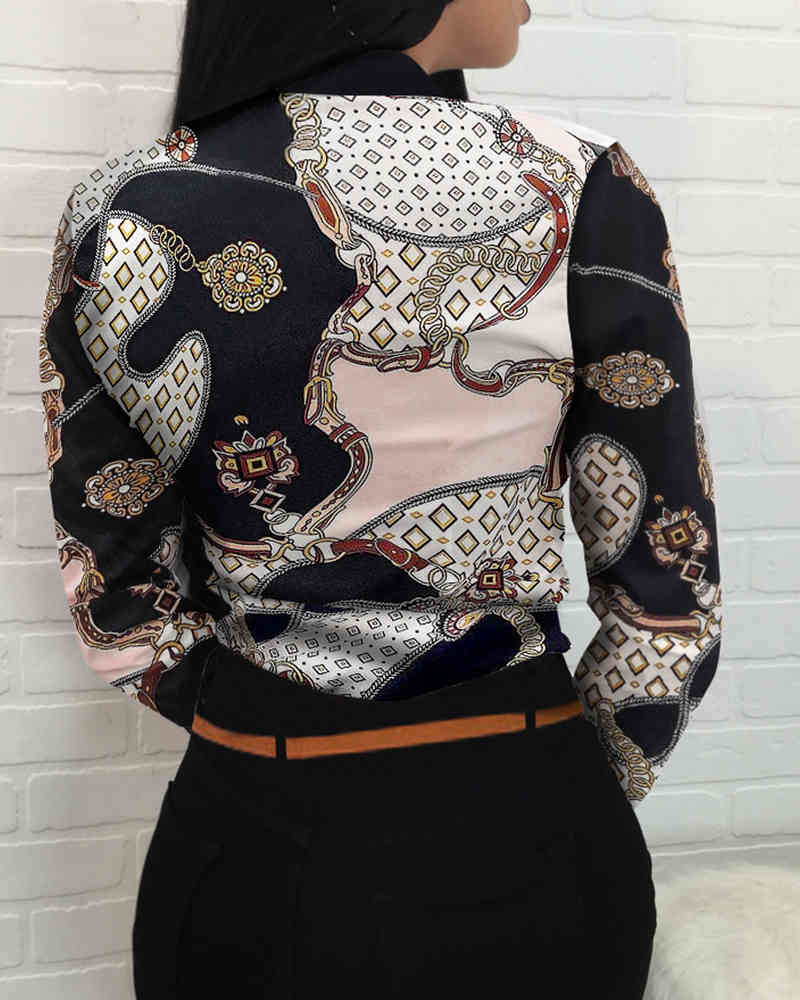 Spring Autumn Women's Floral Shirt New Femme Chain Scarf Print Button Front Long Sleeve Shirt Office Ladies Elegant Outfits 210415