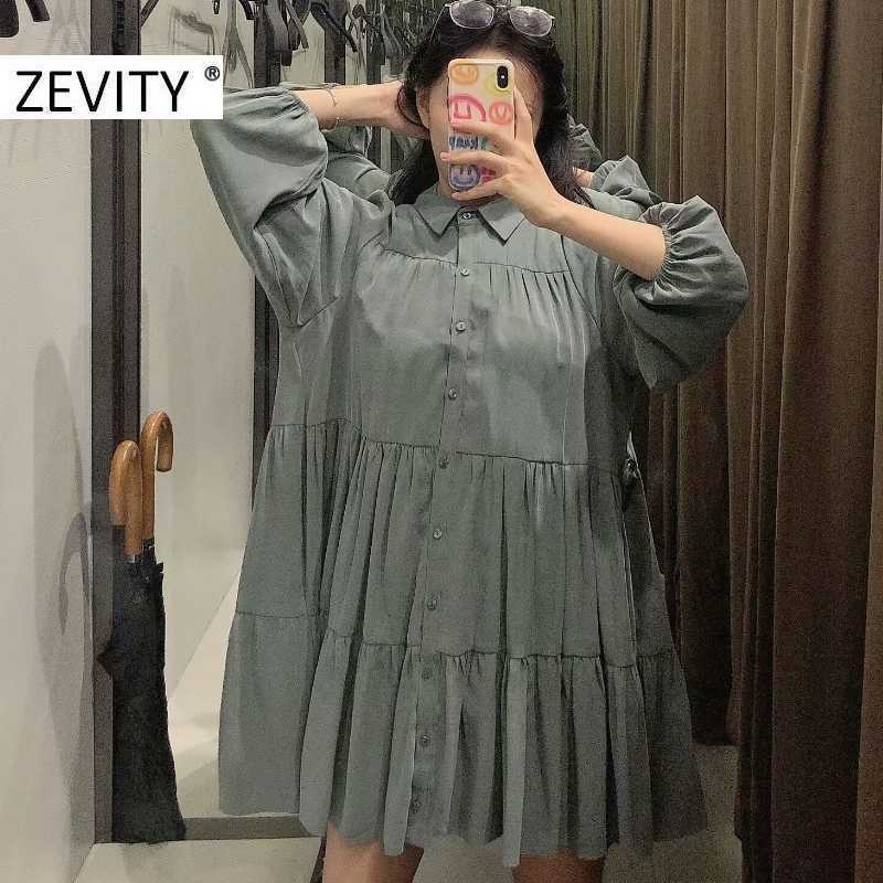 Zevity Autumn Women Fashion Turn Down Collar Solid Color Pleats Shirt Dress Office Lady Chic Puff Sleeve Business Vestido DS4565 210603