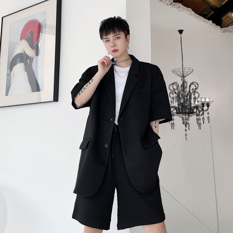 IEFB Summer Solid Color Men's Blazer Diamond Embossed Male Short Sleeve Suit Coat Loose Causal Korean Big Size Man Clothing 210524