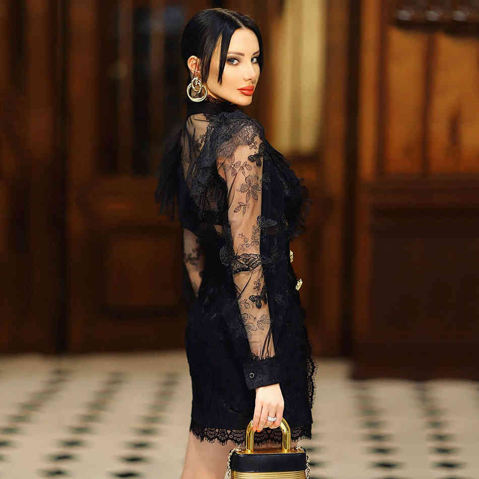 Free Sexy Women's Dress O-Neck Long Sleeve Lace Patchwork Bandage Black Bodycon Club Party Vestido 210524