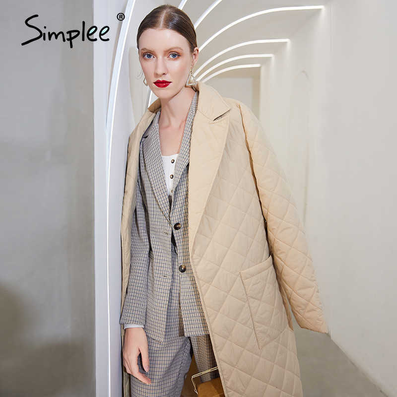 Long straight winter coat with rhombus pattern Casual sashe parkas Deep pockets tailored collar stylish outerwear 211108