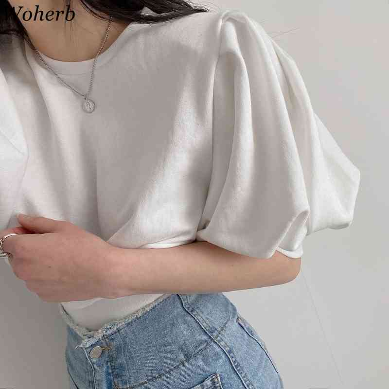 Summer T-shirt Women Lantern Sleeve Fashion Woman Tshirts O-neck Casual All Match Elegant Korean Crop Tops Femme 210519