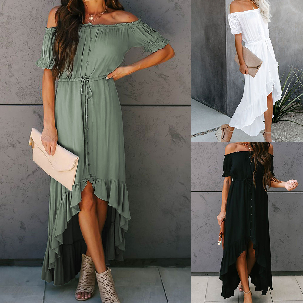 Women Dress Puff Sleeve Slash Neck Asymmetry Girls Summer Plus Size Long Ruffles Bandage Fashion 210513