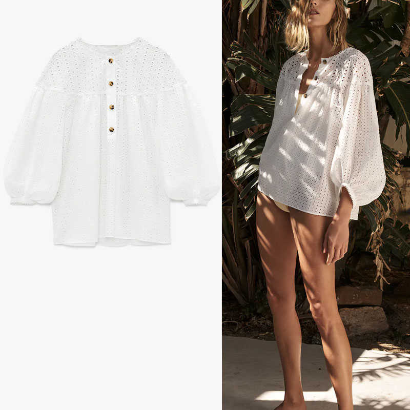 ZA White Embroidered Eyelet Blouse Women Long Puff Sleeve O Neck Openwork Summer Top Female Chic Front Button Shirts 210602
ZA White Embroidered Eyelet Blouse Women Long Puff Sleeve O Neck Openwork Summer Top Female Chic Front Button Shirts 210602