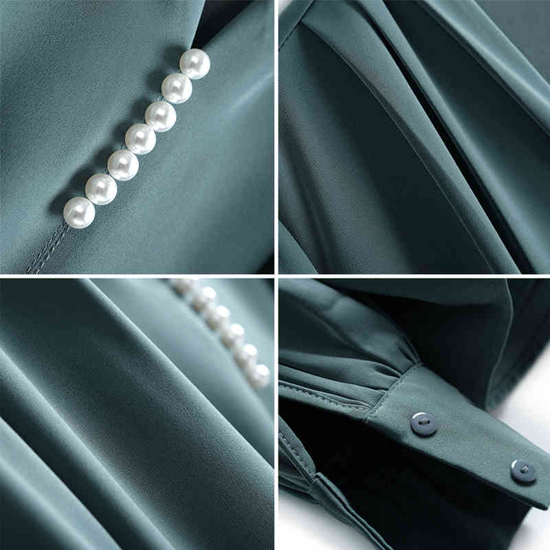 Autumn Spring Lantern Sleeve V Neck Blouse Women Office Lady Plus Size Chiffon Shirts Solid Casual Beading Clothing 12270 210508