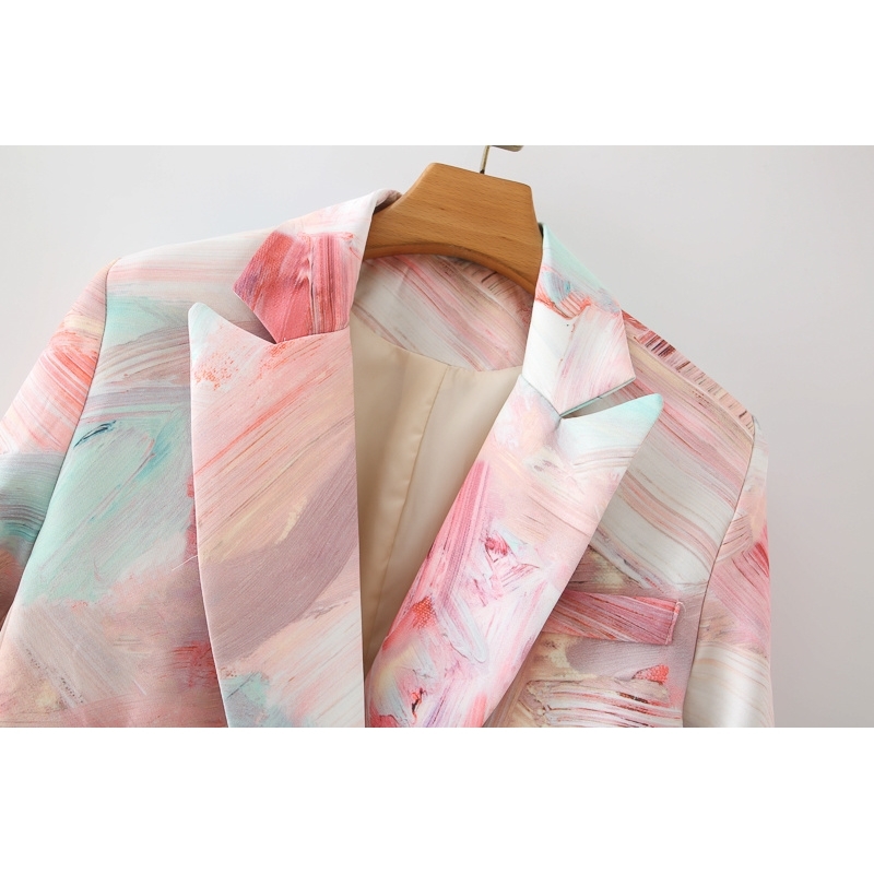 elegant women gouache graffiti blazer fashion double breasted jackets causal female print suits sweet girls chic sets 210527