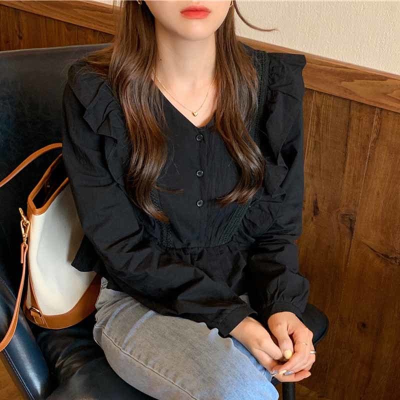 Korean Style Women Ruffle Stitching Long Sleeve Blouse Sweet and Cute V-neck Solid Button Shirt Blusas Mujer De Moda 11666 210508
