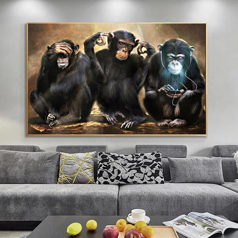 Animal Wall Art Painting Posters and Prints of Three Funny Monkeys Art Pictures Print Canvas for Living Room Home Decoration